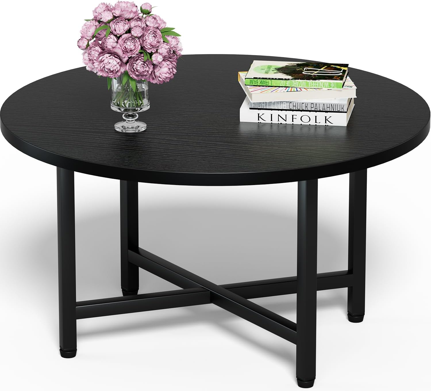 6181af8PvoL._AC_SL1500_.jpg Coffee Table, 23.6" Coffee Tables for Living Room, Round Coffee Table with Metal Frame, Floor Table for Sitting on The Floor, Home, Office, Black - Image 1