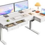 L Shaped Electric Standing Desk with Wooden Drawers, 55 Inch Height Adjustable Corner Workstation with Power Outlets, Sit Stand Table for Home, Office, White