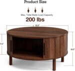 Coffee Table for Living Room, Modern Round Coffee Table with Cabinets & Sliding Doors, Home Small Space, 29.9" Fluted Center Table, Walnut - Image 2