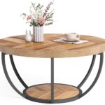 Round Coffee Table, 32" Circle Coffee Table for Living Room, 2-Tier Wood Accent Center Table with Open Storage Industrial Design Home Furniture (Wood Grain and Black)