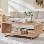 48" Modern Coffee Table, 2-Tier Minimalist Center Table with Storage Shelf, Curved Profile Design, Wooden Rectangular Living Room Table w/Wood Thick Design for Living Room, Office, Natural Oak