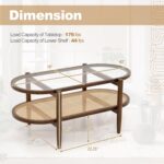Rattan Coffee Table, 2-Tier Oval Acacia Wood Tea Table w/Tempered Glass Tabletop & PE Rattan Storage Shelf, Boho Cocktail Tables, Mid Century Modern Center Table for Living Room Office, Brown - Image 2