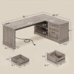 Executive Desk, 61" Farmhouse L Shaped Desk with File Drawers, Office Desk with Drawers and Power Outlets, Computer Desk with Storage Shelves for Home Office, Grey - Image 2
