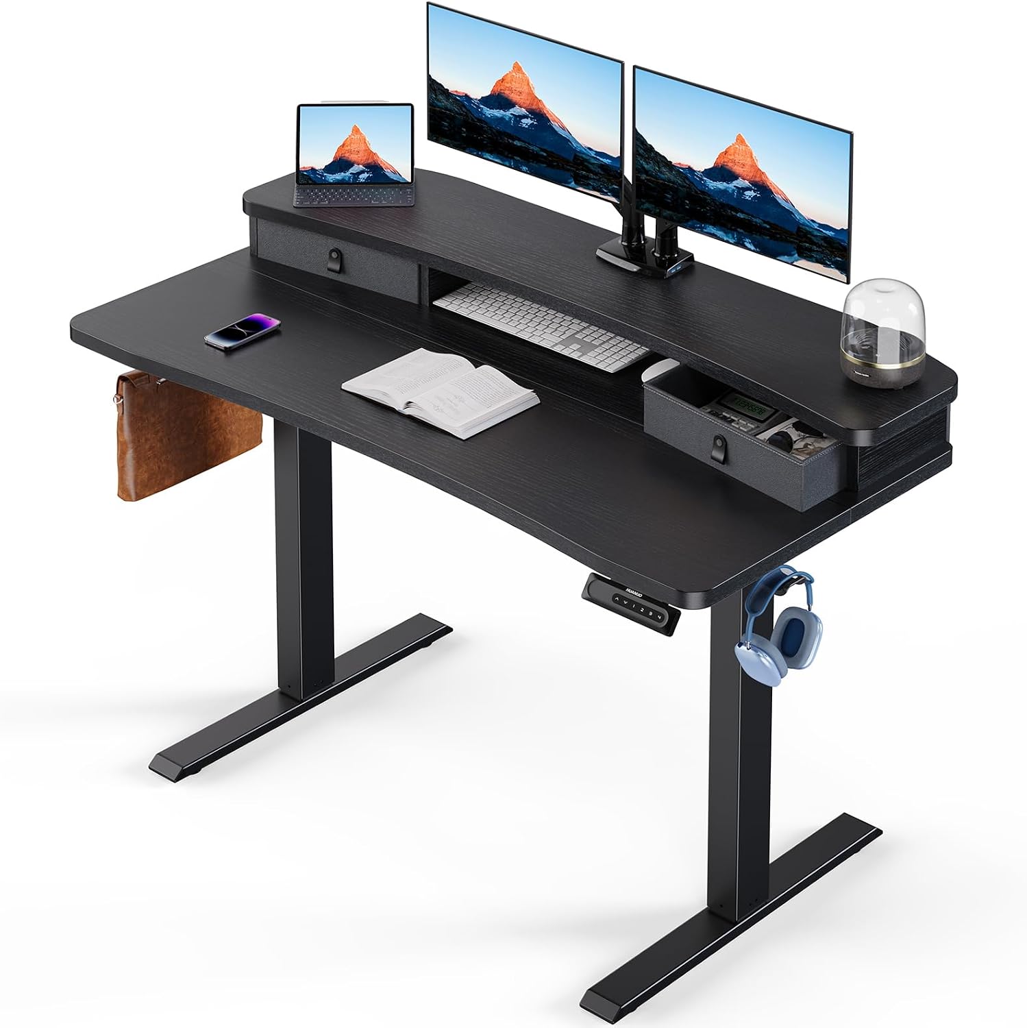 71CfxsqVXmL._AC_SL1500_.jpg 48″ x 24″ Electric Standing Desk with 2 Drawers, C-Clamp Mount Compatible, Height Adjustable Computer Desk, Home Office Stand Up Desk with 4 Preset Heights & 2 Hooks, Black - Image 1