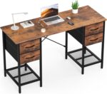 Computer Desk with Drawers 55 Inch Home Office Bedroom Table 4 Fabric Drawers 2 Mesh Storage Shelves Wood X-Shaped Writing Study PC Desk Workspace Side Hook Metal Frame Organizer Brown