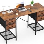 Computer Desk with Drawers 55 Inch Home Office Bedroom Table 4 Fabric Drawers 2 Mesh Storage Shelves Wood X-Shaped Writing Study PC Desk Workspace Side Hook Metal Frame Organizer Brown