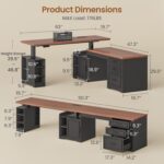 Farmhouse L Shaped Electric Standing Desk, 63" x 67" Height Adjustable Office Executive Desk with Drawers and Shelves, Standing Computer Desks with Power Outlet for Home Office, Black+Brown - Image 2