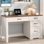 Farmhouse Executive Desk with Storage and Ample File Drawer, Rustic Large Home Writing Desk for Bedroom, White