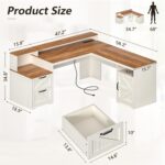 63" Farmhouse L Shaped Executive Desk with Drawers & Storage Shelf, Corner Computer Desk with Power Outlets, L Shaped Office Desk with Monitor Stand, Printer Shelf, Antique White - Image 2