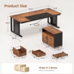 71" Executive Desk with Rolling File Cabinet, Large Office Desk with Drawers, L Shaped Computer Desk with Power Outlets, CPU Stand, Pegboard and Storage Shelves, Rustic Brown - Image 2