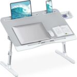 Laptop Desk for Bed, Adjustable Bed Table with Leather Desktop, Foldable X-Large Laptop Bed Trays with Drawer for Bed Couch Floor Writing Working Reading Eating Painting (Gray, 23.6"×15.7")