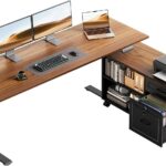 55 Inch L Shaped Electric Standing Desk with Drawers & File Cabinet Sets, Executive Sit Stand Desk, Height Adjustable Computer Desk for Home Office, Writing, Workstation, Walnut+Black