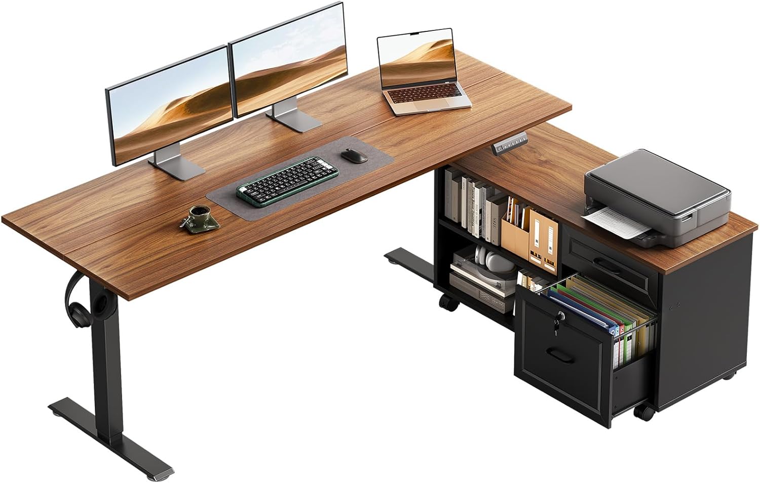 71M7sThU4JL._AC_SL1500_.jpg 55 Inch L Shaped Electric Standing Desk with Drawers & File Cabinet Sets, Executive Sit Stand Desk, Height Adjustable Computer Desk for Home Office, Writing, Workstation, Walnut+Black - Image 1