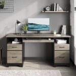 59 Inch Office Desk with 4 Drawers, Computer Desk with Storage, Executive Desk with File Drawer, Keyboard Tray & 2 Pedestals on Both Sides for Home Office, Studio, Grey&Black - Image 2