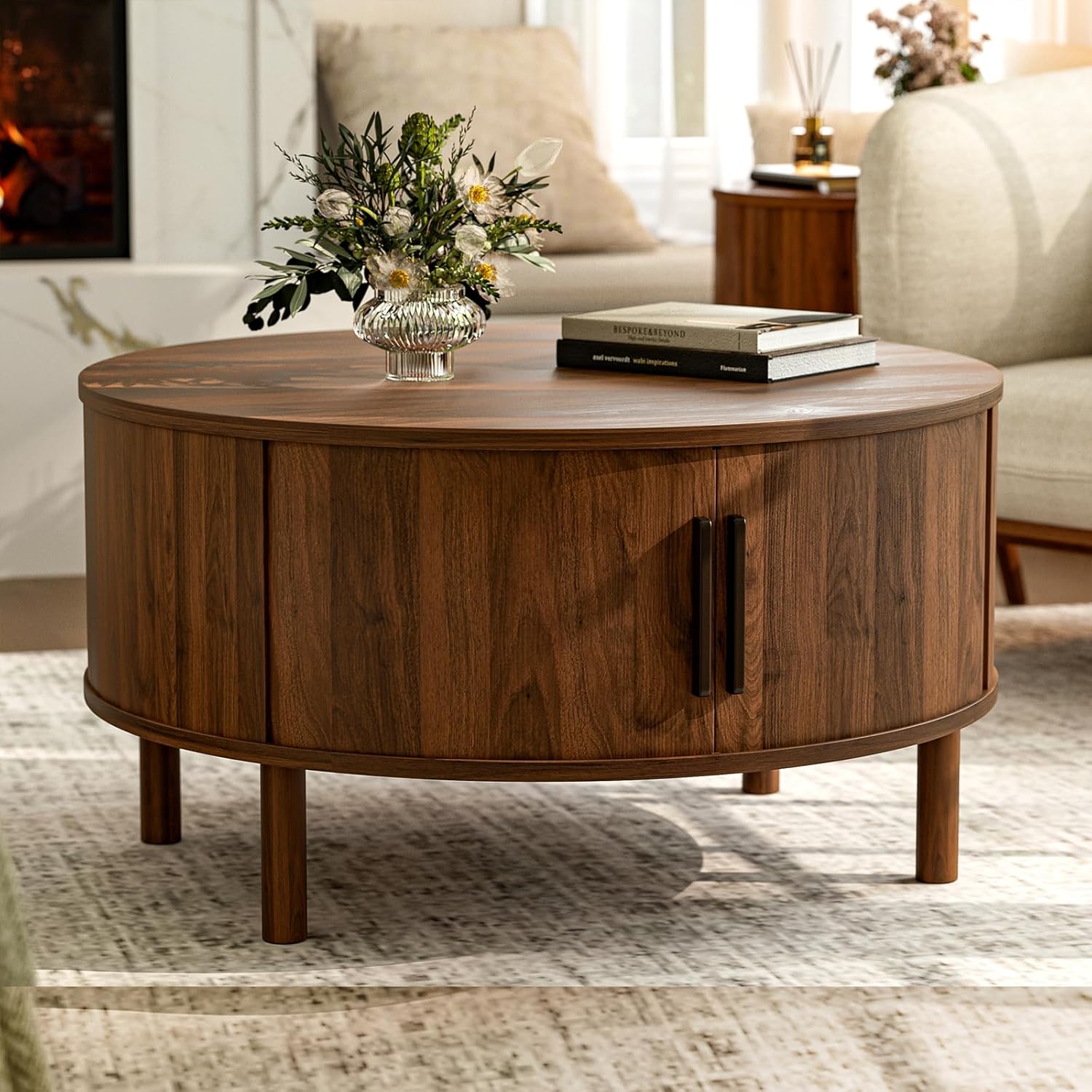 71OG00IXCbL._AC_SL1500_.jpg Coffee Table for Living Room, Modern Round Coffee Table with Cabinets & Sliding Doors, Home Small Space, 29.9" Fluted Center Table, Walnut - Image 1