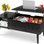 Wood Lift Top Coffee Table with Hidden Compartment and Large Storage Shelf, Lift Tabletop Dining Center Table for Home Living Room Office, Black