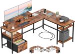 66” L Shaped Desk with Power Outlet, Reversible Home Office Desk with File Drawer, 2 Monitor Stands, Storage Shelves, Corner Computer Table for Gaming, Writing, Rustic Brown