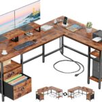 66” L Shaped Desk with Power Outlet, Reversible Home Office Desk with File Drawer, 2 Monitor Stands, Storage Shelves, Corner Computer Table for Gaming, Writing, Rustic Brown