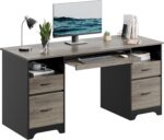 59 Inch Office Desk with 4 Drawers, Computer Desk with Storage, Executive Desk with File Drawer, Keyboard Tray & 2 Pedestals on Both Sides for Home Office, Studio, Grey&Black