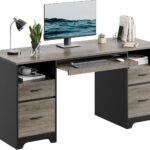 59 Inch Office Desk with 4 Drawers, Computer Desk with Storage, Executive Desk with File Drawer, Keyboard Tray & 2 Pedestals on Both Sides for Home Office, Studio, Grey&Black