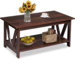 Coffee Table with Storage Shelf, 39.4" Farmhouse Coffee Table with V-Frame Support, 2-Tier Wood Rustic Center Table for Living Room, Bedroom & Balcony, Espresso