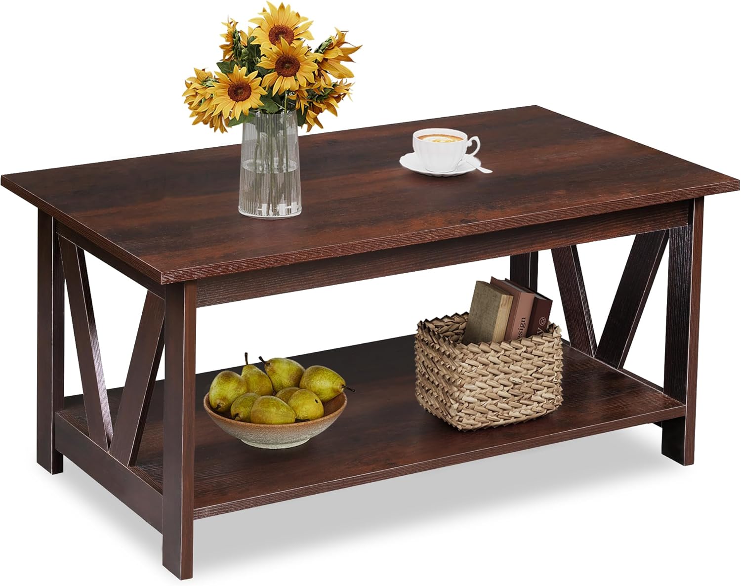 71m3bFvQZ1L._AC_SL1500_.jpg Coffee Table with Storage Shelf, 39.4" Farmhouse Coffee Table with V-Frame Support, 2-Tier Wood Rustic Center Table for Living Room, Bedroom & Balcony, Espresso - Image 1