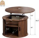 Round Lift Top Coffee Table, Fluted Wood Accent Coffee Table with Hidden Storage and Open Shelves, Drum Table with Sliding Rolling Door, Small Center Table Dining Table for Living Room, Walnut - Image 2
