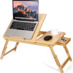 Bamboo Laptop Desk for Bed, Adjustable Height and Angle, Foldable Lap Desk with Cup Holder and Drawer, Portable Bed Table Tray for Writing Reading Drawing or Breakfast