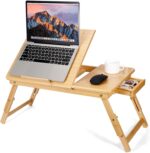 Bamboo Laptop Desk for Bed, Adjustable Height and Angle, Foldable Lap Desk with Cup Holder and Drawer, Portable Bed Table Tray for Writing Reading Drawing or Breakfast
