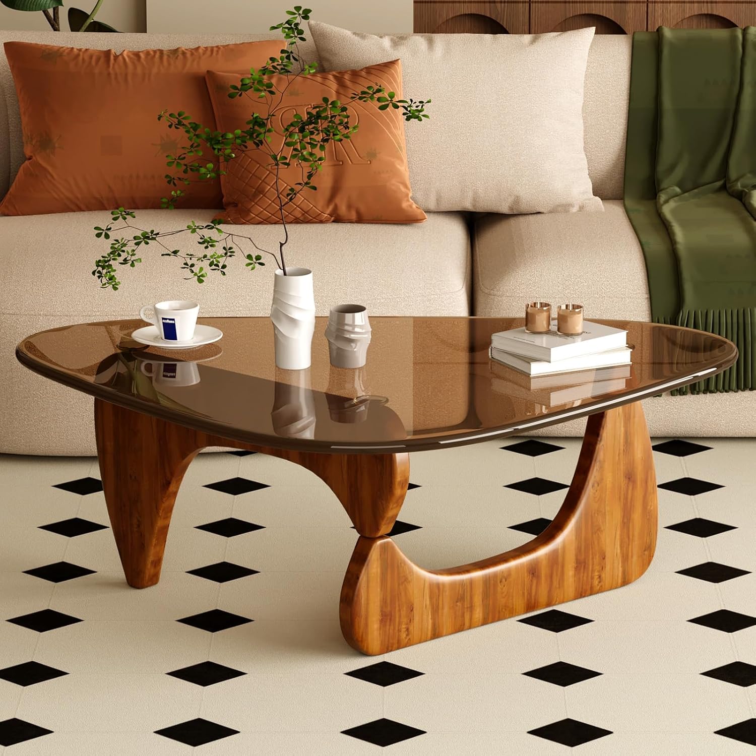 81-a1cUJElL._AC_SL1500_.jpg Coffee Table for Living Room Mid Century Modern Center Table with Glass Top and Wood, 36 Inch, Brown/Walnut - Image 1