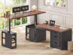 Farmhouse L Shaped Electric Standing Desk, 63" x 67" Height Adjustable Office Executive Desk with Drawers and Shelves, Standing Computer Desks with Power Outlet for Home Office, Black+Brown