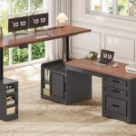 Farmhouse L Shaped Electric Standing Desk, 63" x 67" Height Adjustable Office Executive Desk with Drawers and Shelves, Standing Computer Desks with Power Outlet for Home Office, Black+Brown