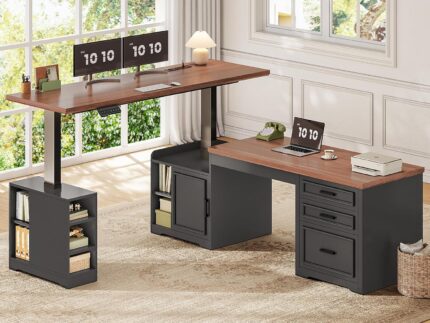 Farmhouse L Shaped Electric Standing Desk, 63" x 67" Height Adjustable Office Executive Desk with Drawers and Shelves, Standing Computer Desks with Power Outlet for Home Office, Black+Brown