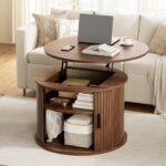 Round Lift Top Coffee Table, Fluted Wood Accent Coffee Table with Hidden Storage and Open Shelves, Drum Table with Sliding Rolling Door, Small Center Table Dining Table for Living Room, Walnut