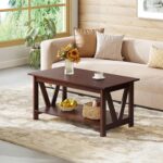 Coffee Table with Storage Shelf, 39.4" Farmhouse Coffee Table with V-Frame Support, 2-Tier Wood Rustic Center Table for Living Room, Bedroom & Balcony, Espresso - Image 2
