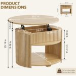 Round Lift Top Coffee Table with Storage, Fluted Mid-Century Modern Coffee Tables for Living Room, with Hidden Compartment & Open Shelves, for Small Spaces & Home Office(26.77" Oak) - Image 2