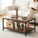 SUPER DEAL 2-Tier Industrial Coffee Table with Storage Shelf for Small Apartment Living Room, Rectangle Wood and Stable Metal TV Stand Side End Table, Rustic Brown - Image 2