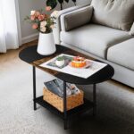 Farmhouse Oval Coffee Table with Storage, 2-Tier Wood Center Table for Living Room, Mid Century Modern Coffee Table Low Cocktail Tea Table for Small Space, Office, Apartment, Brown & Black