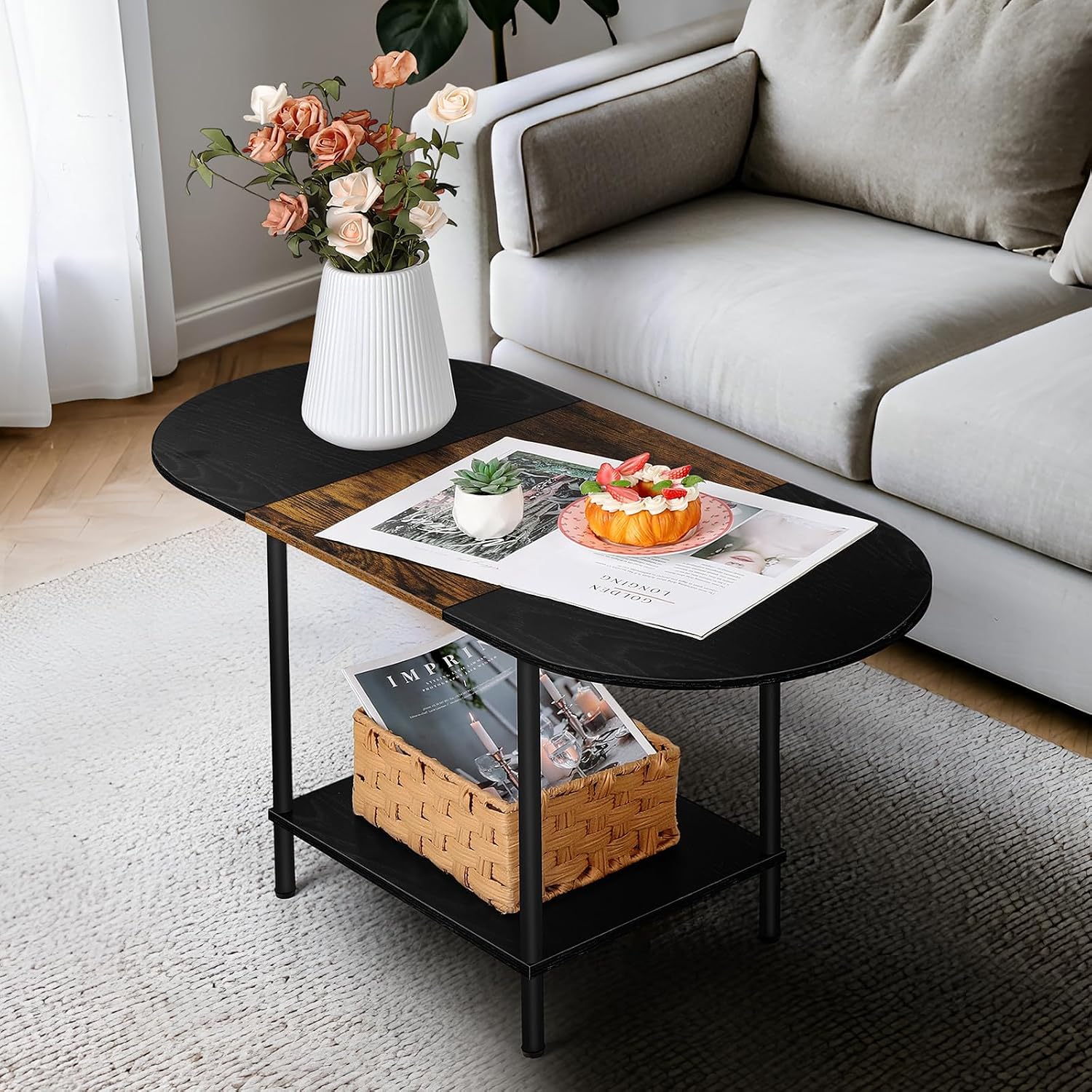 81L0TPJ92wL._AC_SL1500_.jpg Farmhouse Oval Coffee Table with Storage, 2-Tier Wood Center Table for Living Room, Mid Century Modern Coffee Table Low Cocktail Tea Table for Small Space, Office, Apartment, Brown & Black - Image 1