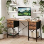 Computer Desk with Drawers 55 Inch Home Office Bedroom Table 4 Fabric Drawers 2 Mesh Storage Shelves Wood X-Shaped Writing Study PC Desk Workspace Side Hook Metal Frame Organizer Brown - Image 2