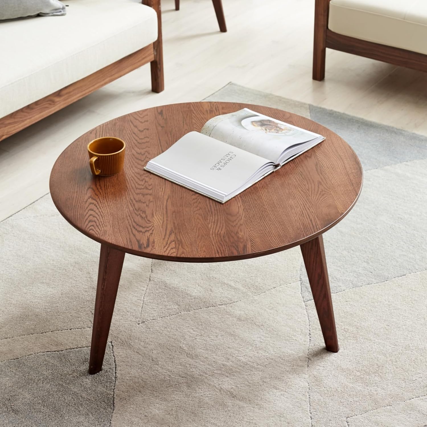 81WeyVDdPyL._AC_SL1500_.jpg 100% Solid Oak Wood Mini Coffee Table, Round Cofffe Tables Side Table w/Solid Wood Legs, Walnut Mid Century Table for Bedroom Balcony Living Room (23.62" D x 13.78" H) - Image 1