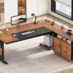 71" Executive Desk with Rolling File Cabinet, Large Office Desk with Drawers, L Shaped Computer Desk with Power Outlets, CPU Stand, Pegboard and Storage Shelves, Rustic Brown