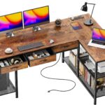 55 Inch L Shaped Office Desk with Power Outlets and Type-C Port, Large Computer Gaming Desk with 3 Fabric Drawers, Mesh Shelves, Corner Study Work Writing Desk, Rustic Brown