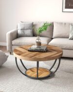 Round Coffee Table, 32" Circle Coffee Table for Living Room, 2-Tier Wood Accent Center Table with Open Storage Industrial Design Home Furniture (Wood Grain and Black) - Image 2