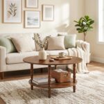 Coffee Table, 2-Tier Round Coffee Table, Mid-Century Modern Coffee Table for Living Room, Center Table with 2-Tier Open Storage Shelf, Home Office, Walnut WL75KF01