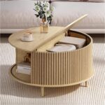 Round Coffee Table with Storage, 31.5" Mid Century Modern Coffee Table with Sliding Door & Solid Wood Legs, Minimalist Fluted Center Table for Living Room, Home Small Space, Oak