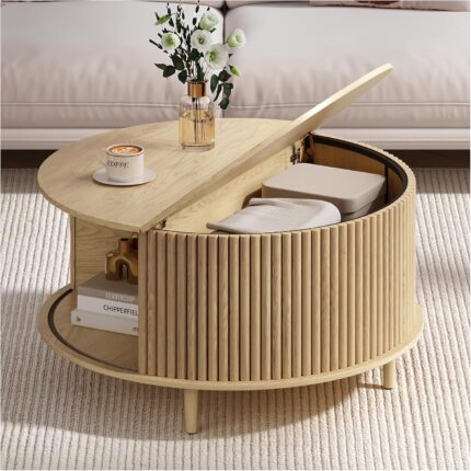 Round Coffee Table with Storage, 31.5" Mid Century Modern Coffee Table with Sliding Door & Solid Wood Legs, Minimalist Fluted Center Table for Living Room, Home Small Space, Oak