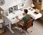 L Shaped Electric Standing Desk with Wooden Drawers, 55 Inch Height Adjustable Corner Workstation with Power Outlets, Sit Stand Table for Home, Office, White - Image 2