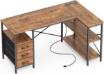 L Shaped Office Desk with Power Outlets, 47 Inch Computer Desk with 3 Drawers, Shelves, for Gaming, Corner Work, Home Office, Study, Rustic Brown