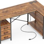 L Shaped Office Desk with Power Outlets, 47 Inch Computer Desk with 3 Drawers, Shelves, for Gaming, Corner Work, Home Office, Study, Rustic Brown